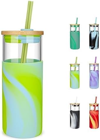 Tronco 20 oz Glass Tumbler with Straw and Lid- Glass Cup with Lid and Straw, Iced Coffee Cup Reusable, Smoothie Cups, Bamboo Lid and Protective Silicone Sleeve - BPA-Free