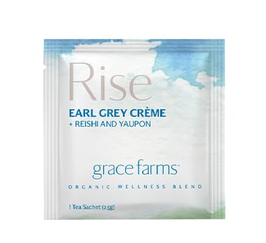 Grace Farms RISE Wellness Organic Tea Blend (100 Enveloped Pyramid Sachets w/ String & Tag) | Morning Energy & Focus | Earl Grey Crème with Adaptogenic Mushrooms and Ashwagandha | Fairtrade and Kosher | Gives Back 100% of Profits