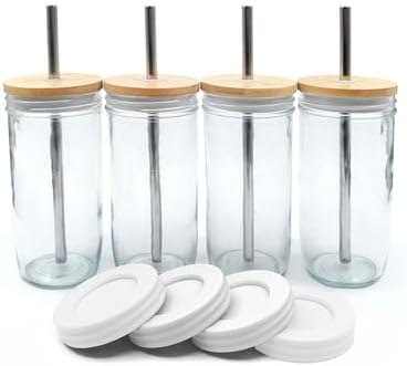 Elk and Friends Glass Mason Jars 24oz with Bamboo Straw Lids + Stainless Steel Straws | Smoothie + Iced Coffee + Bubble Tea Cups | Glass Cups with Lids and Straws