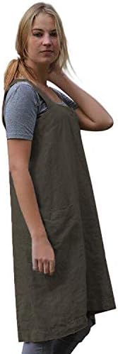 Women's Pinafore Square Apron Baking Cooking Gardening Works Cross Back Cotton/Linen Blend Dress with 2 Pockets