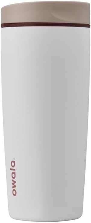 Owala SmoothSip Slider Insulated Stainless Steel Coffee Tumbler, Reusable Iced Coffee Cup, Hot Coffee Travel Mug, BPA Free 20 oz, Tan/White (Vanilla Bean)