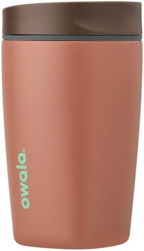 Owala SmoothSip Slider Insulated Stainless Steel Coffee Tumbler, Reusable Iced Coffee Cup, Hot Coffee Travel Mug, BPA Free 12 oz, Grey/Brown (Cozy Cocoa)