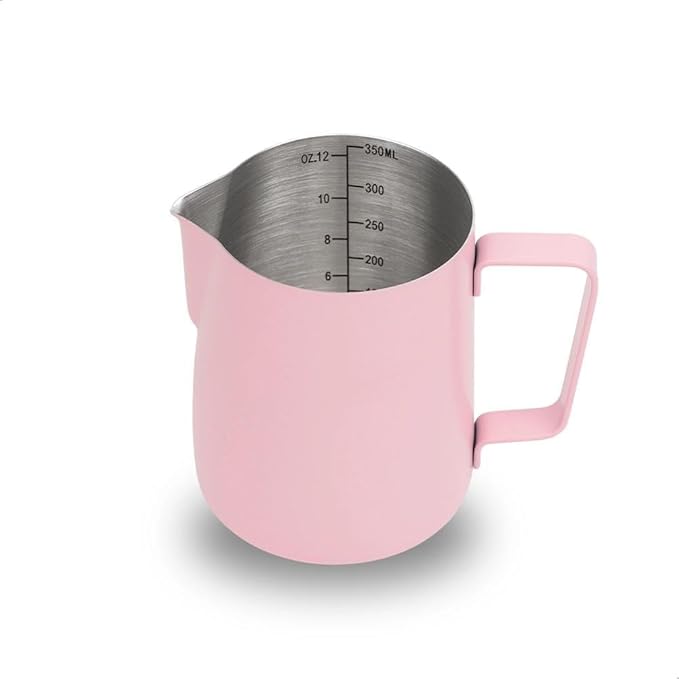 watchget Stainless Steel Milk Frothing Pitcher 12oz/350ml - Espresso Steaming Pitcher for Cappuccino, Latte Art, Coffee Machine Accessories Milk Jug Coffee Frother Cup, Pink