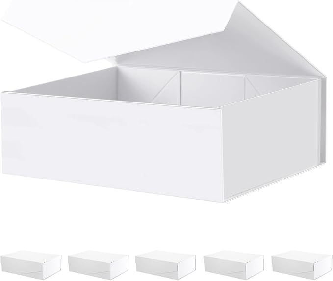 Large White Collapsible Gift Boxes with Magnetic Closure Lids 13.5x9x4.1 Inches, Bridesmaid Proposal Boxes, Rectangle Present Boxes (Glossy White, 6 Pack)