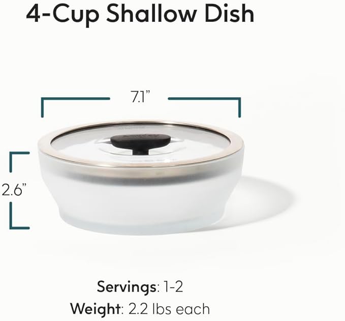 Anyday 4-Cup Microwave Cookware & Glass Container with Glass Lid, Plastic-Free Shallow Food Storage | Stackable Airtight Steamer with Vented Lid for Microwave-Safe Reheating, Steaming Vegetables