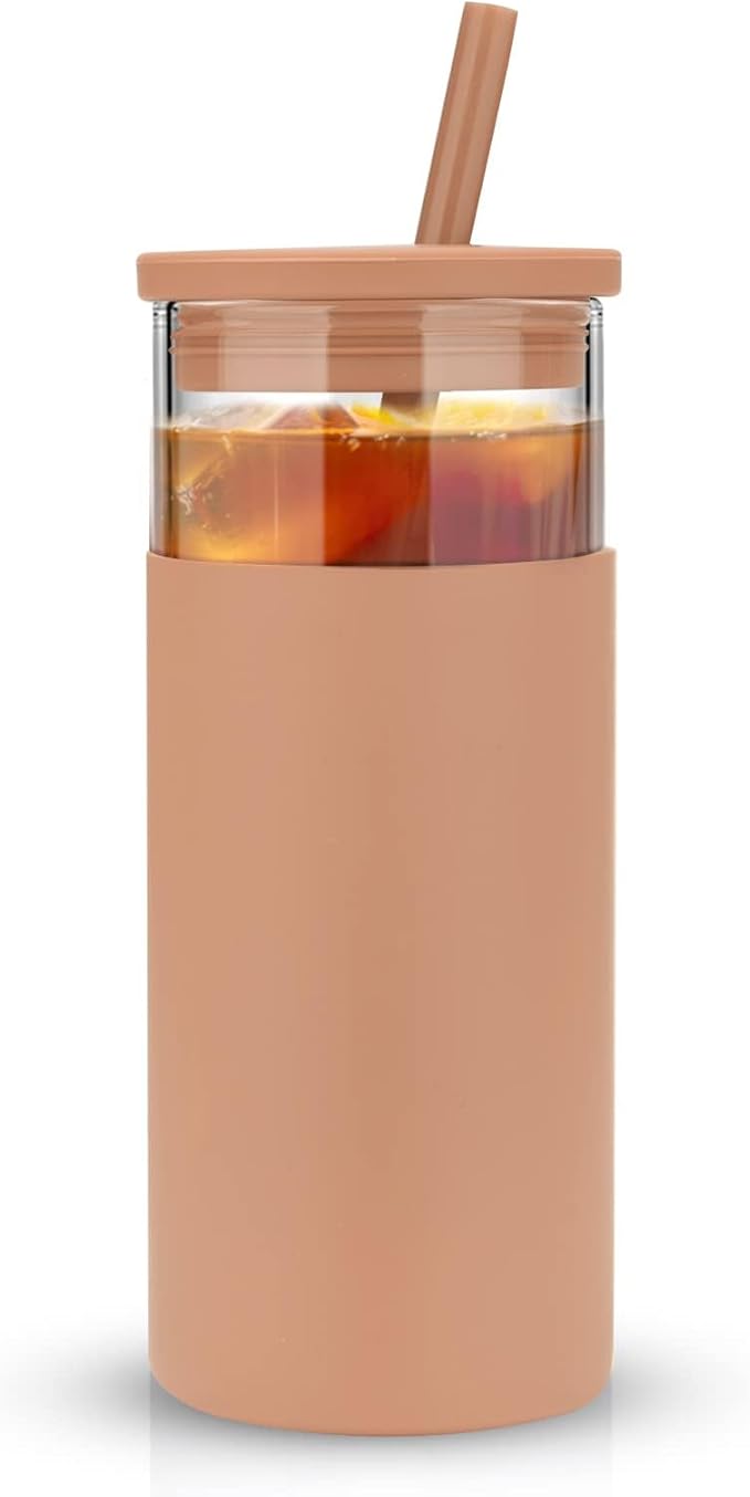Tronco 20 oz Glass Tumbler With Lids and Straws, Reusable Smoothie Cups With Silicone Lid, Iced Coffee Cup With Silicone Protective Sleeve, Dishwasher Safe- BPA Free（Coffee 1 Count）