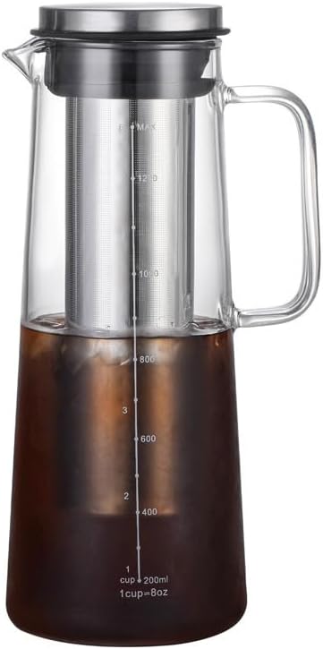 Cold Brew Coffee Maker Borosilicate Glass with 304 Stainless Steel Filter, Tea Infuser Ice Cold Brew Pitcher Kitchen, with Spout Kitchen Iced (48oz (1.4 L))