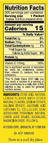 4C Powder Drink Stix, Lemonade 500 Count, Bulk Buy, Singles Stix, On the Go, Refreshing Water Flavorings, Value Pack