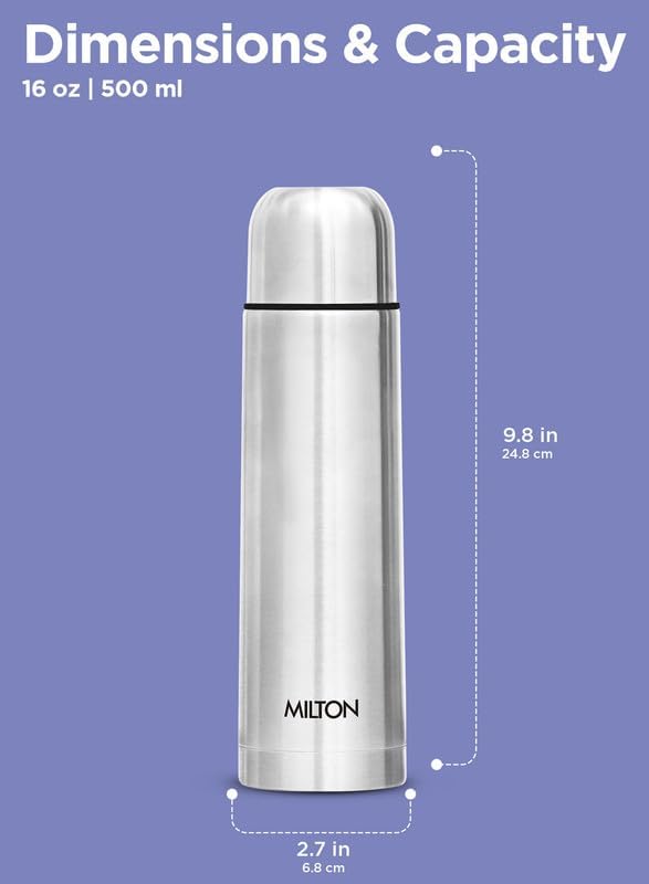 Milton Vacuum Flask for Hot Drink 500 ml (16 oz), Stainless Steel Double Walled Insulated Water Bottle for 24 Hour Hot and Cold Drinks, Leak proof, BPA Free, Thermosteel Flip Lid Set of -2