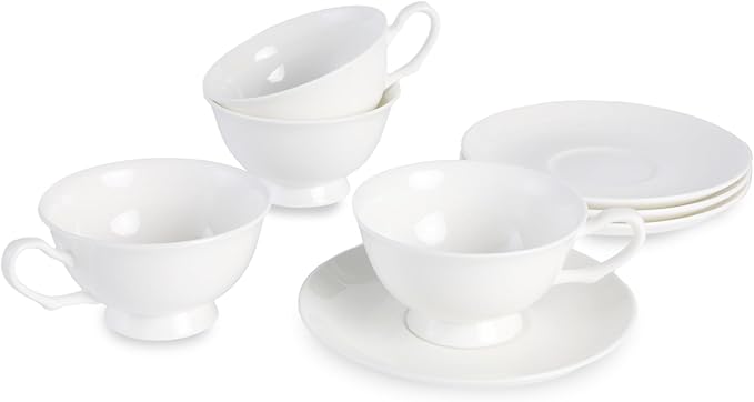 Fine Bone China Espresso Cups and Saucers Set of 4, 5 Oz Classic Plain White Luxury Ceramic Coffee Cups Set, for Wedding, Afternoon Tea, Gift, Work, Festival