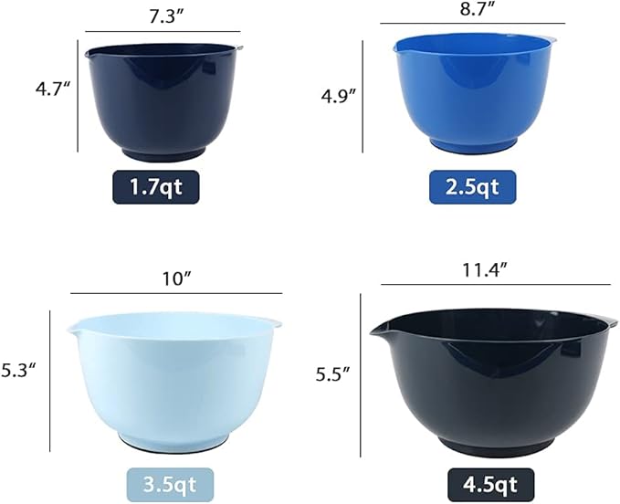 BoxedHome Nesting Plastic Mixing Bowl Set With Pour Spout, Microwave and Dishwasher Safe, BPA free Non-Slip Base, Set of 4 Size 1.7, 2.5, 3.5 and 4.5qt, Great for Prepping, Baking, Cooking (Dark Blue)