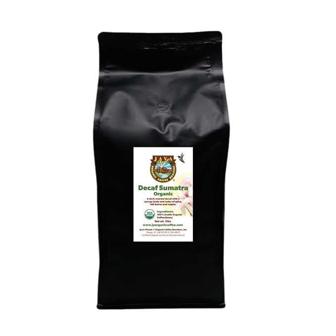 Low Acid Organic Coffee – Whole Bean, Mold-Free & Stomach Friendly by Java Planet, Sumatran Single Origin Decaf Coffee, Dark Roast, Smooth Full Flavored, 5LB Bag