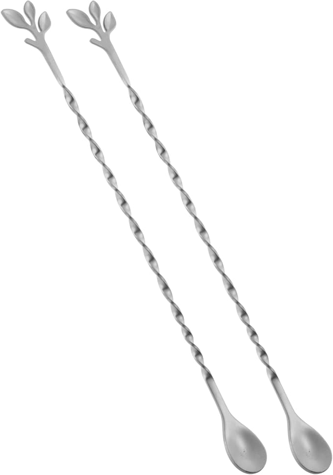 AnSaw Silver 10-Inch Stainless Steel Cocktail Spoon with Leaf Handle - Perfect for Mixing & Layering Drinks in Tall Cups, Bar & Shakers - Durable Long Handle Bar Stirrer,2-Pieces