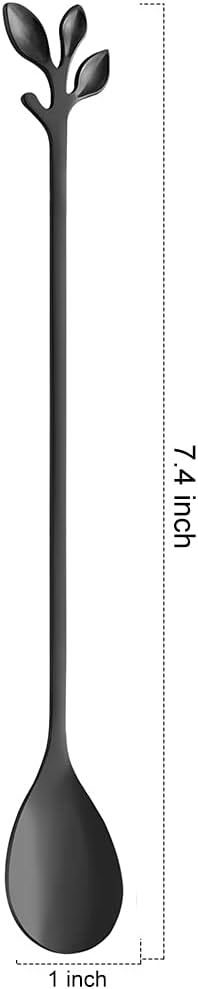 AnSaw 6-Piece Elegant Black Leaf Long Handle Teaspoons - 7.4" Stainless Steel Stir Spoons for Coffee & Tea, Perfect for Mixing & Stirring