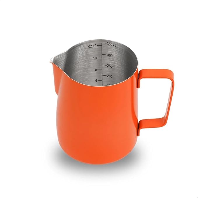 watchget Stainless Steel Milk Frothing Pitcher 12oz/350ml - Espresso Steaming Pitcher for Cappuccino, Latte Art, Coffee Machine Accessories Milk Jug Coffee Frother Cup, Orange