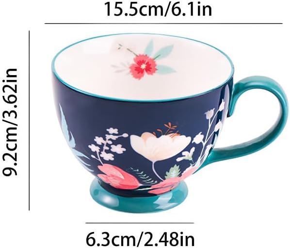 Vintage Flower Mugs – Large Ceramic Coffee Mug (15oz) – Cute Cereal Cup for Breakfast, Oatmeal Tea & Hot Drinks – Handmade Ceramic Cup with Floral Design