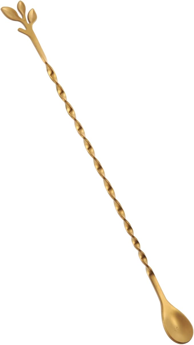 AnSaw Gold 10-Inch Stainless Steel Cocktail Spoon with Leaf Handle - Perfect for Mixing & Layering Drinks in Tall Cups, Bar & Shakers - Durable Long Handle Bar Stirrer,1-Pieces