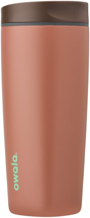 Owala SmoothSip Slider Insulated Stainless Steel Coffee Tumbler, Reusable Iced Coffee Cup, Hot Coffee Travel Mug, BPA Free 20 oz, Grey/Brown (Cozy Cocoa)