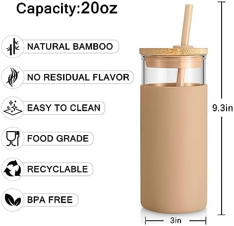 Tronco 20 oz Glass Tumbler with Straw and Lid- Glass Cup with Lid and Straw, Iced Coffee Cup Reusable, Smoothie Cups, Bamboo Lid and Protective Silicone Sleeve - BPA-Free