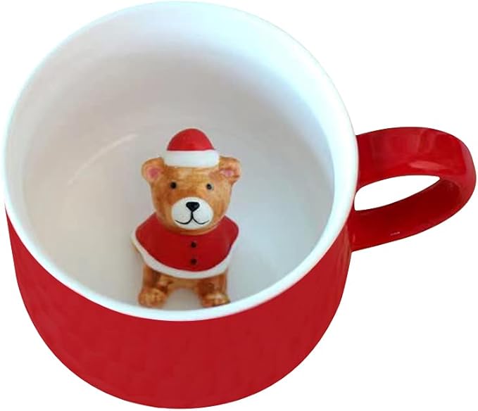 Christmas Bear Ceramic Cup Hidden 3D Animal Inside Mug,12 oz Cute Cartoon Handmade Figurine Mugs,Christmas Birthday Surprise for Friends Family or Kids (Christmas Bear)