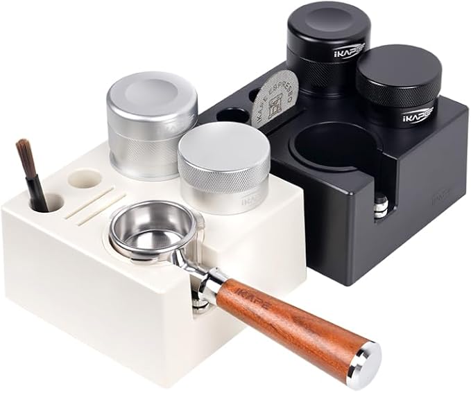 IKAPE ABS Espresso Knock Box, 7 in 1 Coffee Organizer Box Fit for Storage 51, 54, 58MM Espresso Tamper, Distributor, Portafilter & Puck Screen Accessories(Black)
