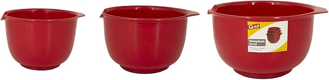 GLAD Mixing Bowls with Pour Spout, Set of 3 | Nesting Design Saves Space | Non-Slip, BPA Free, Dishwasher Safe Plastic | Kitchen Cooking and Baking Supplies, Red