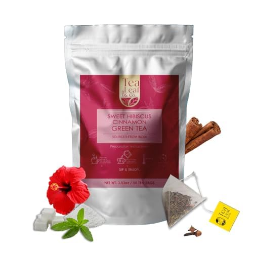 Tealeaf & Co. Sweet Hibiscus Cinnamon Green Tea with Hibiscus, Cinnamon, Stevia & Clove - Green Tea Bags with Fresh Herbs and Spices (Low Caffeine) - 100 Teabags