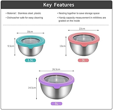 Mixing Bowl Set with Lids 3 Pieces Stainless Steel Mixing Bowl Nesting Metal Bowl Set for Cooking Baking Prepping & Food Storage Dishwasher Safe