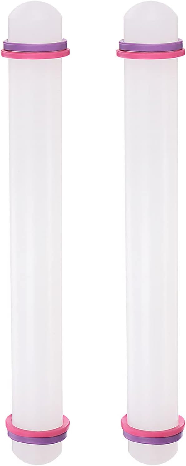 HARFINGTON 2pcs Fondant Rolling Pin 13 Inch x 1.38 Inch Adjustable Guide Rings Non-Stick PP Plastic Fondant Roller Dough Roller Kitchen Decorating Tools for Cookie Pastry Pizza Clay