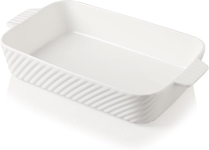 Sweejar Ceramic 13 x 9 Baking Pan, Cake Baking Dish for Brownie, Porcelain Striped Casserole Dishes for Oven with Handle for Lasagna, Family Dinner(White)