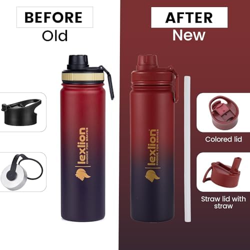 Lexlion 22 Oz Triple Walled Insulated Stainless Steel Fruit Infuser Water Bottle, 3 Lids, Silicone Sleeve, Leakproof, Dishwasher Safe