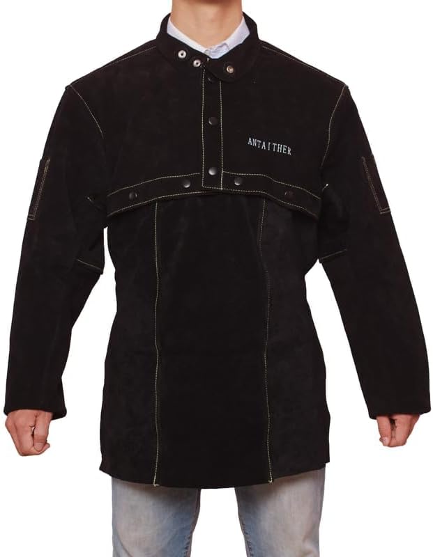ANTAITHER Leather Welding Jacket with Open Back, Bib Apron with Cape Sleeve, Heat Flame Resistant Welder Coat