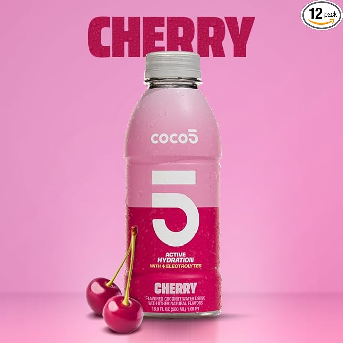 Coco5 Clean Sports Hydration Cherry Flavor | 100% Natural | 50% Less Sugar | Nothing Artificial | Non-GMO | Gluten Free | Developed by Pro Trainers for Pro Athletes | 16.9 OZ (Pack - 12)