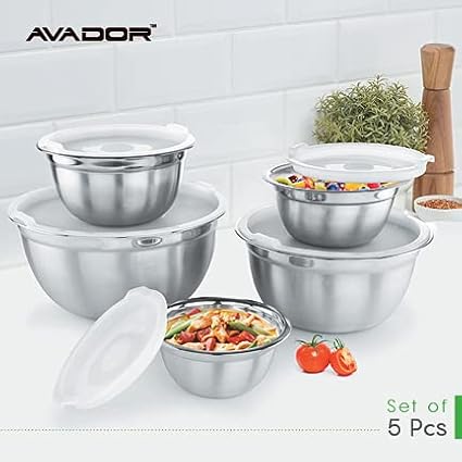 AVADOR Premium Stainless Steel Mixing Bowls with Lids, Set of 5 Brushed Stainless Steel Mixing Bowl Set, Easy To Clean, Space Saving, Great for Cooking, Baking, Prepping (0.25qt, 1qt, 1.5qt, 3qt, 5qt)
