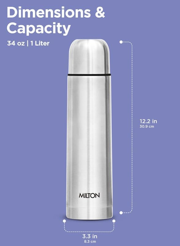 Milton Thermosteel Flip Lid 1000, Double Walled Vacuum Insulated Thermos 1000 ml | 34 oz | 1 Ltr | 24 Hours Hot and Cold Water Bottle with Cover, Stainless Steel, BPA Free,Leak Proof | Silver