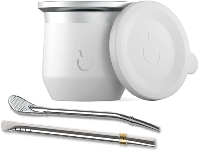 BALIBETOV Yerba Mate Cup – Vacuum Insulated Stainless Steel Gourd with Silicone Cover & Non-Slip Base – Includes 2 Bombillas & Cleaning Brush – Unique Design, Easy to Clean