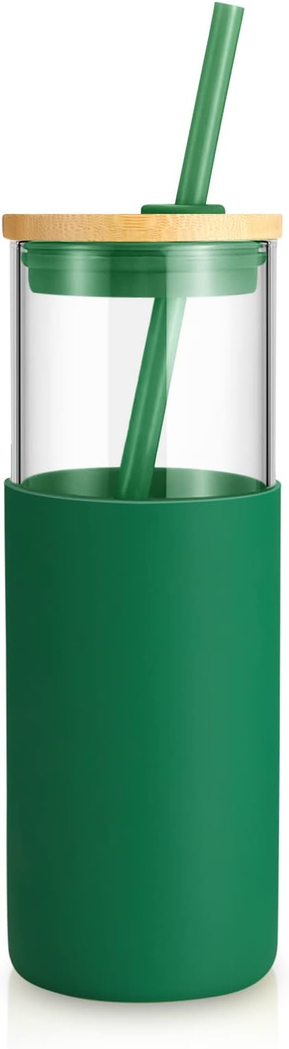 Tronco 24 oz Glass Tumbler with Straw and Lid - Smoothie and Iced Coffee Cup - Bamboo Lid and Protective Silicone Sleeve - BPA-Free