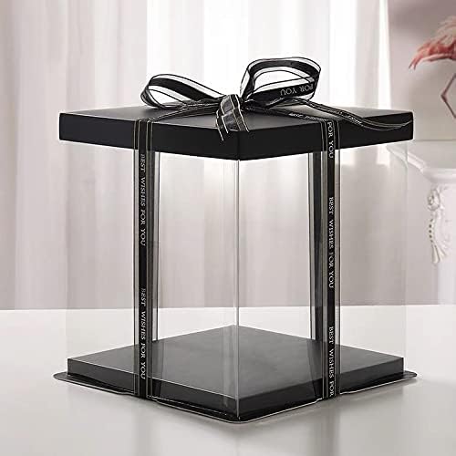 XININSUN 2Pcs Large Cake PET Clear Box, 10" X 10" X 9" with ribbon and pre-folded lid, for 8" cake packing carry, baking cookie display, Carry Tall Layer Gift, Festive Gift Box -Black