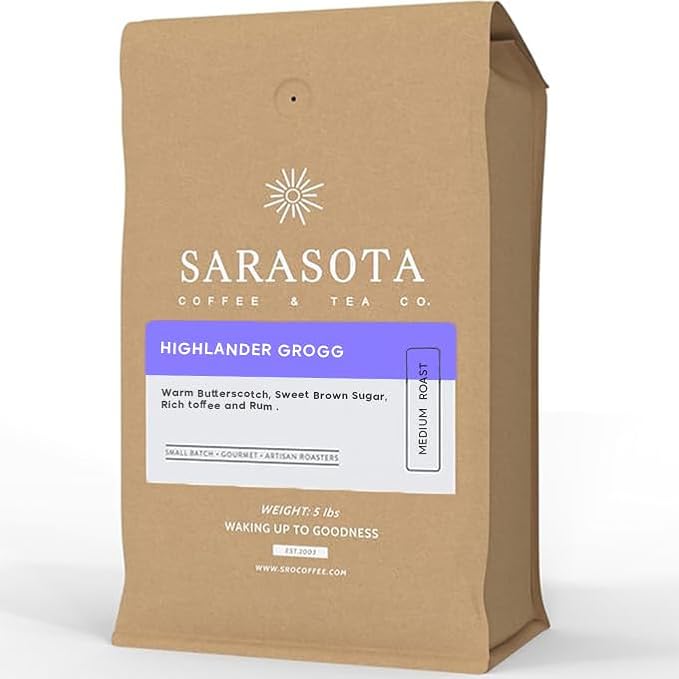 Sarasota Coffee Ground Highlander Grogg | Medium Roast Gourmet Flavored Coffee Grounds | Low Acid, Mold Free, Specialty Grade Flavored Bulk Ground Coffee | 5lb (80 oz)
