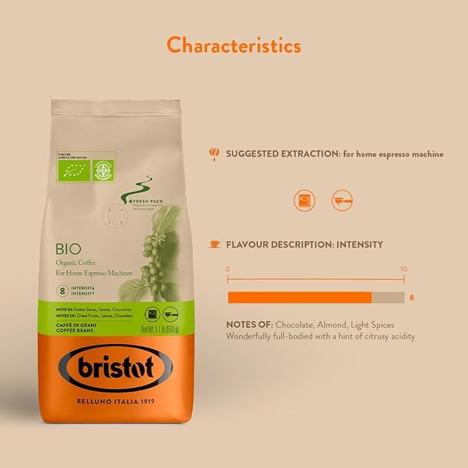 Bristot Bio Organic Italian Whole Espresso Beans – Medium Roast Coffee – Smooth & Aromatic with Notes of Spices, Caramel & Sandalwood – 1.1 lb (500 g)