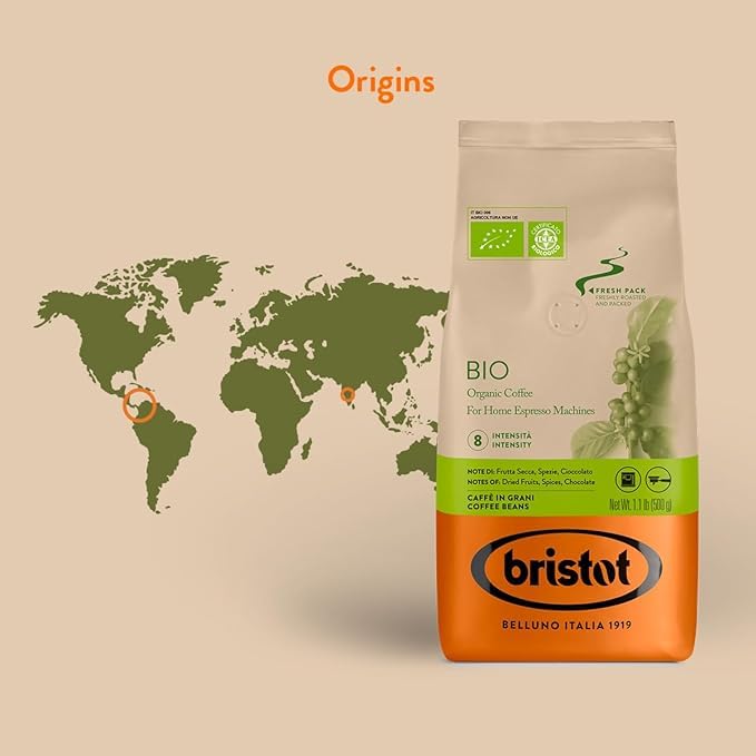 Bristot Bio Organic Italian Whole Espresso Beans – Medium Roast Coffee – Smooth & Aromatic with Notes of Spices, Caramel & Sandalwood – 1.1 lb (500 g)
