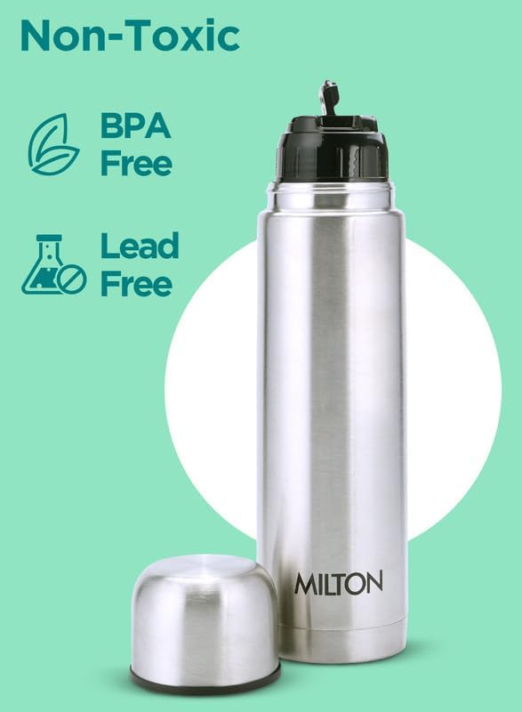 Milton Thermosteel Flip Lid 500, Double Walled Vacuum Insulated Thermos 500 ml | 16 oz | 24 Hours Hot and Cold Water Bottle with Cover, Stainless Steel, BPA Free, Leak Proof | Silver