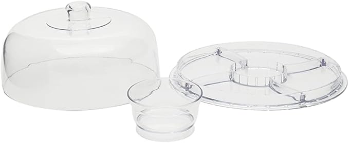 JOEY'Z Extra Large (12") 6 in 1 Acrylic Cake Stand with Dome Lid Multifunctional Serving Platter and Plate, Salad Bowl/Veggie Platter/Punch Bowl/Desert Platter/Chips & Dip - BPA Free