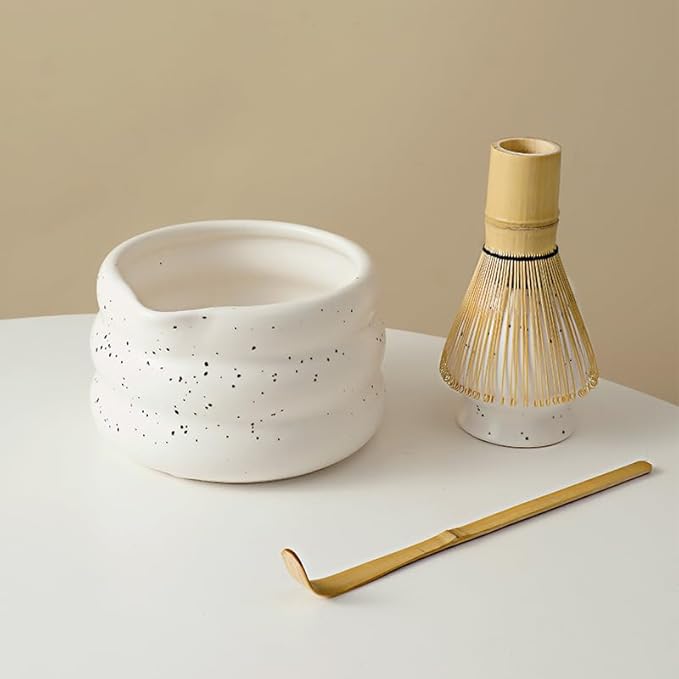 7-piece matcha kit includes matcha bowl. white speckled matcha tea set with bamboo whisk -, sifter, scoop, stainless steel filter, tea caddy, cloth & gift box - for matcha green (4)