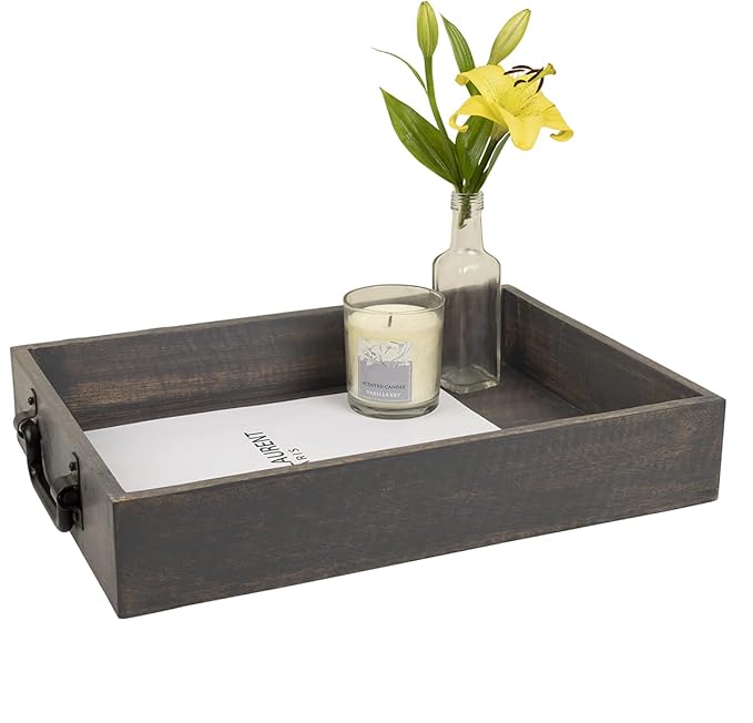 GoCraft Handmade Wooden Tray with Metal Handles – 15" x 11" x 2.5" Decorative Serving Tray in Grey Washed Finish – Versatile Tray for Breakfast in Bed, Lunch, Dinner, Appetizers, Coffee Table
