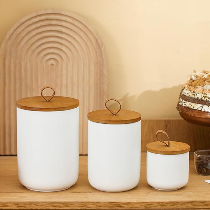Ceramic Storage Jars, Modern Elegant Polished Airtight Gorgeous Storage Canisters with Wooden Lid Small Food Stroage Jar for Kitchen Spice Tea Vanilla Sugar Coffee Beans (3Pcs Suit White)