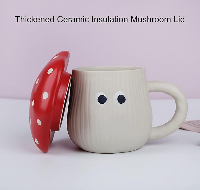 Cute Mushroom Mug with Lid, Handmade Glaze Cover & Eyes, Safety Matt Ceramic Milk Mugs, 12 oz Cartoon Tea Cup. Best Gifts for Women & Girls.