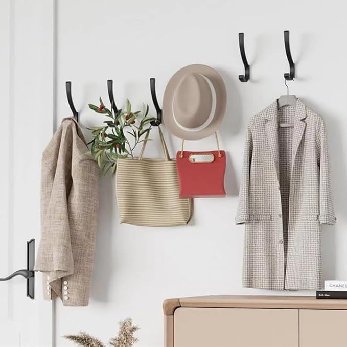 4 Pack Hanging Coat Hooks Wall Mount, Coat Hanger Wall Hangers, Metal Hooks for Hanging Heavy Duty, Screw in Hooks for Hanging Towels, Clothes, Backpack, Hat, Bag, Jacket, Key, Robe, Backpack Black