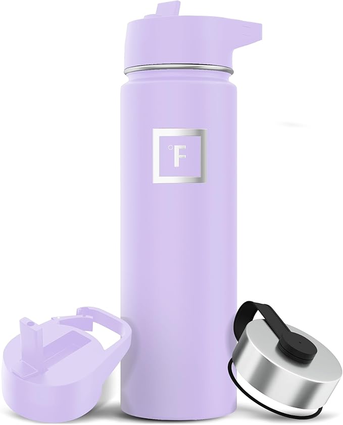 IRON °FLASK Camping & Hiking Hydration Flask with 3 Lids - Stainless Steel, Double Walled & Vacuum Insulated Water Bottle - Leak Proof & BPA Free (Lavender, Straw - 22 oz)