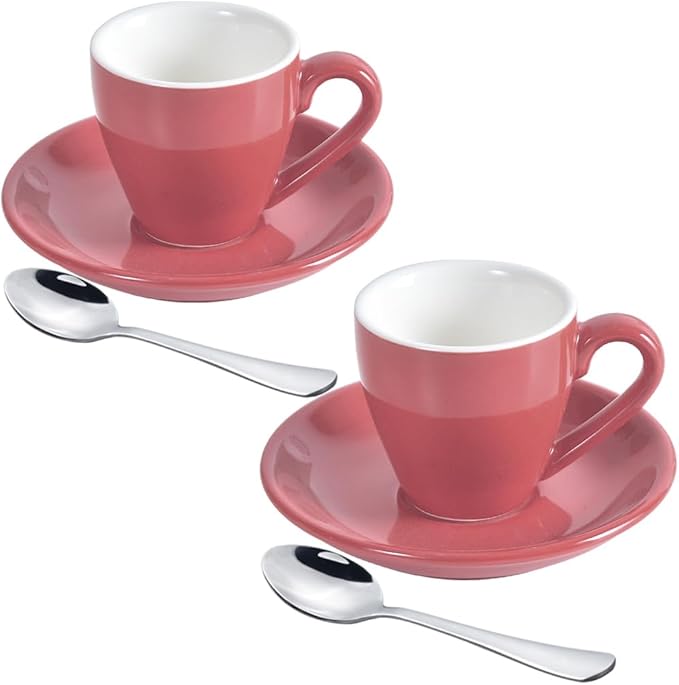 Porcelain Espresso Cup with Saucer And Stainless Steel mini Spoons, Espresso shot Cup, 80ml/2.7Oz, Pack of 2, Pink